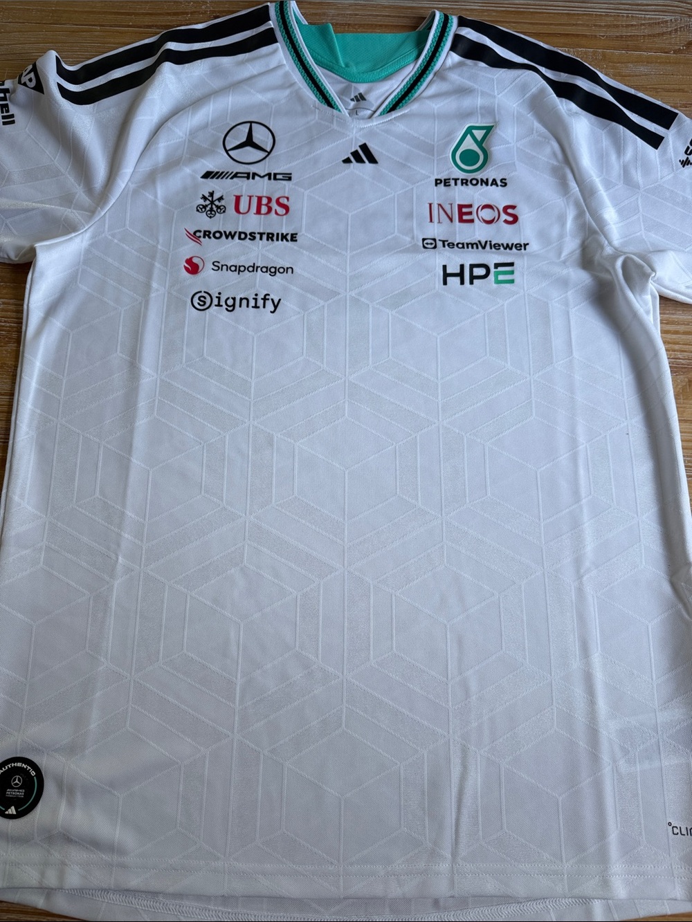 F1 Adidas Mercedes AMG Petronas White and Black Team Tee with Teal Collar